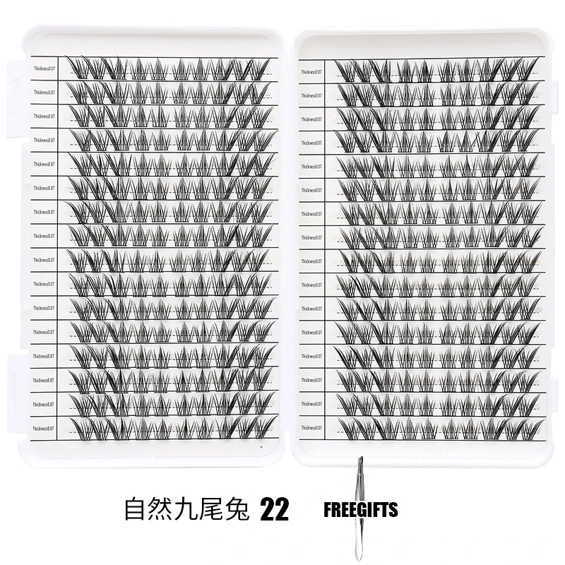 Un kit d'extensions de cils individuels montrant divers styles et longueurs de cils.