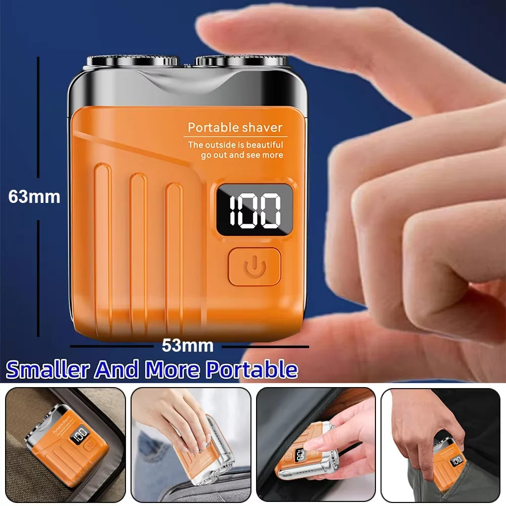 An orange portable electric shaver is shown being held by a hand, with various angles demonstrating its size and portability.