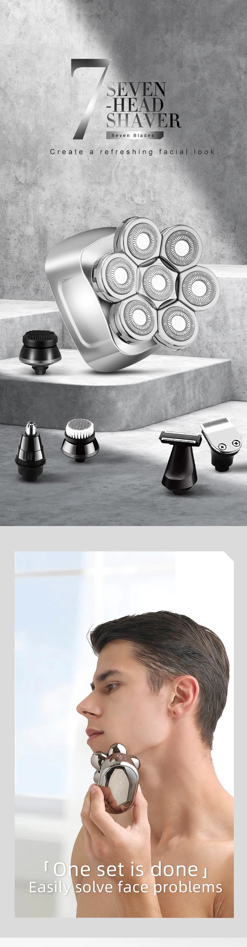 A close-up of a silver electric shaver head and body with multiple attachments shown on a gray background.