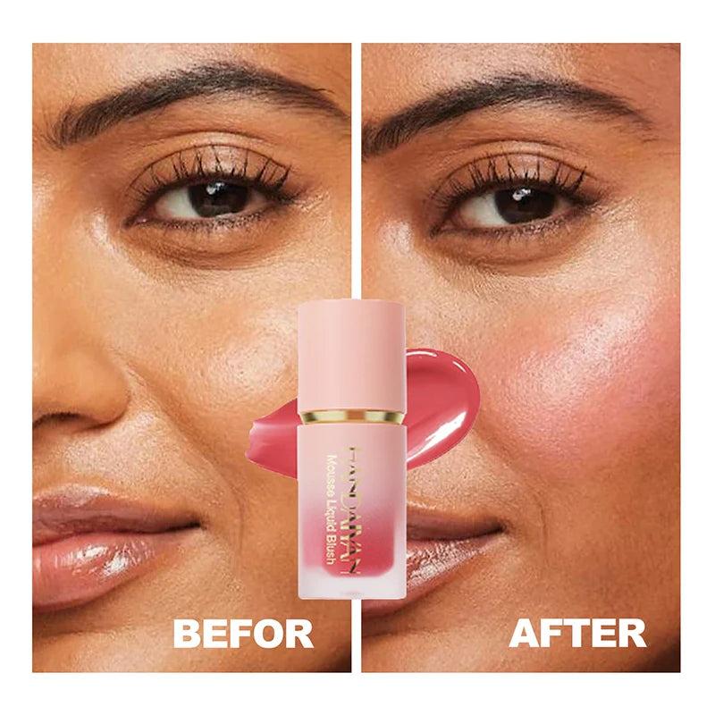Before and after comparison of a liquid matte blush stick applied to the skin.