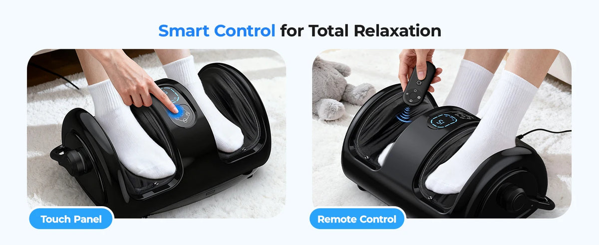 Schwarzer Shiatsu-Fuß- und Wadenmassierer mit Touchpanel und Fernbedienung