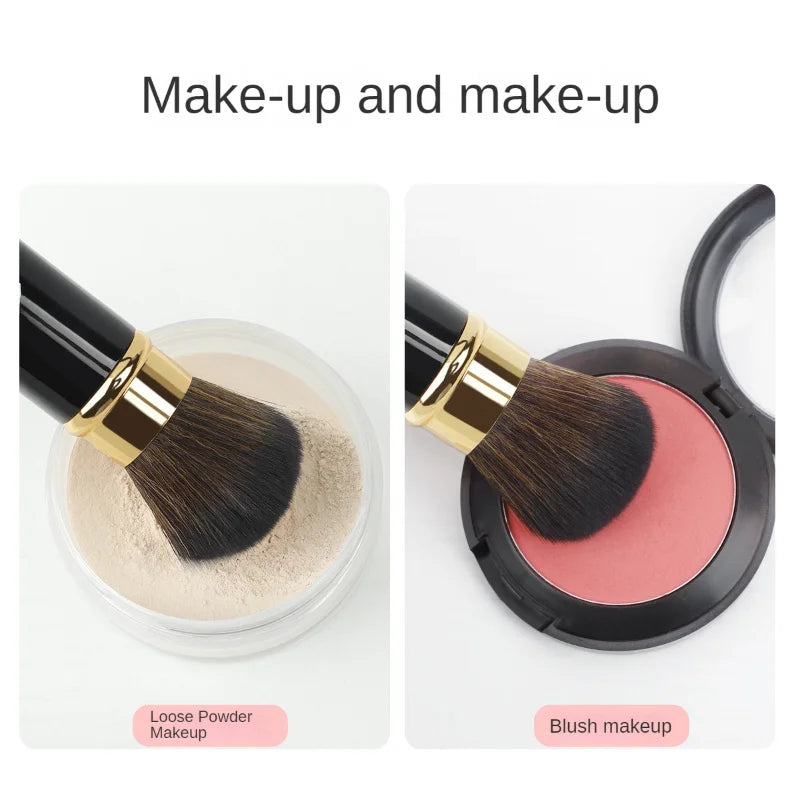 Un set de pinceaux de maquillage montrant l'application de poudre et de blush.