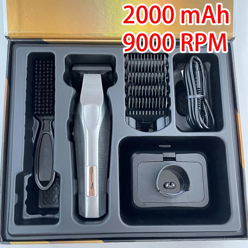 A box containing a professional rechargeable hair trimmer with a charger and attachments.