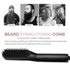 A black beard straightening comb shown with before and after results for men's beards.