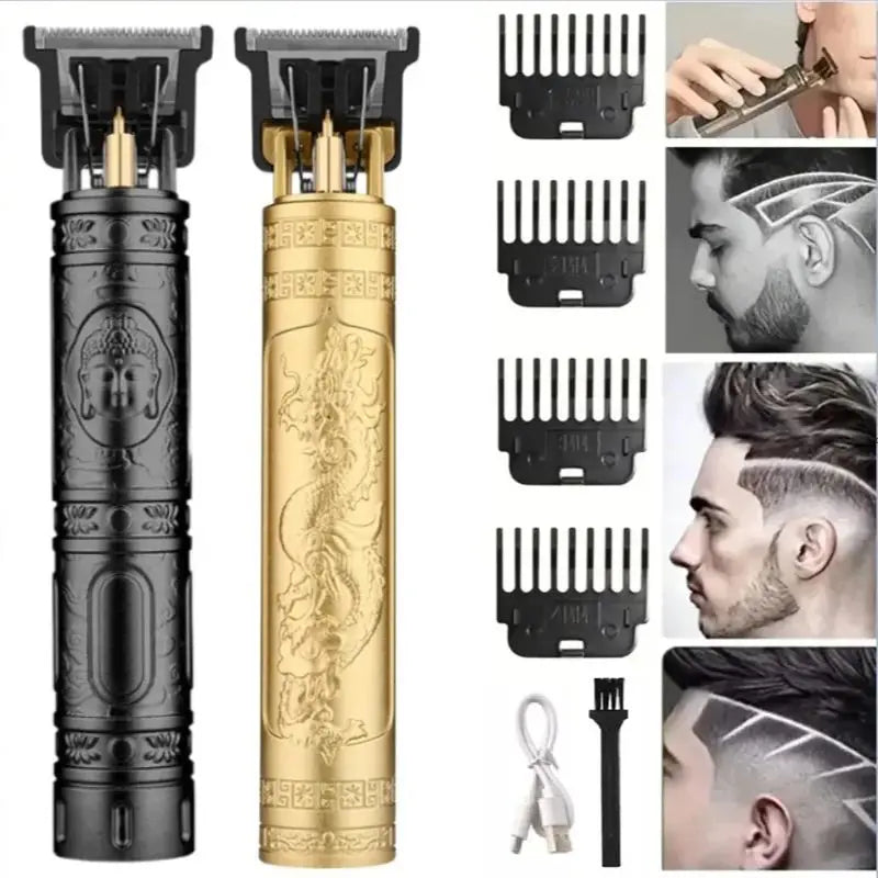A set of professional USB rechargeable hair clippers in black and gold, showing various trimming attachments for beard and ha