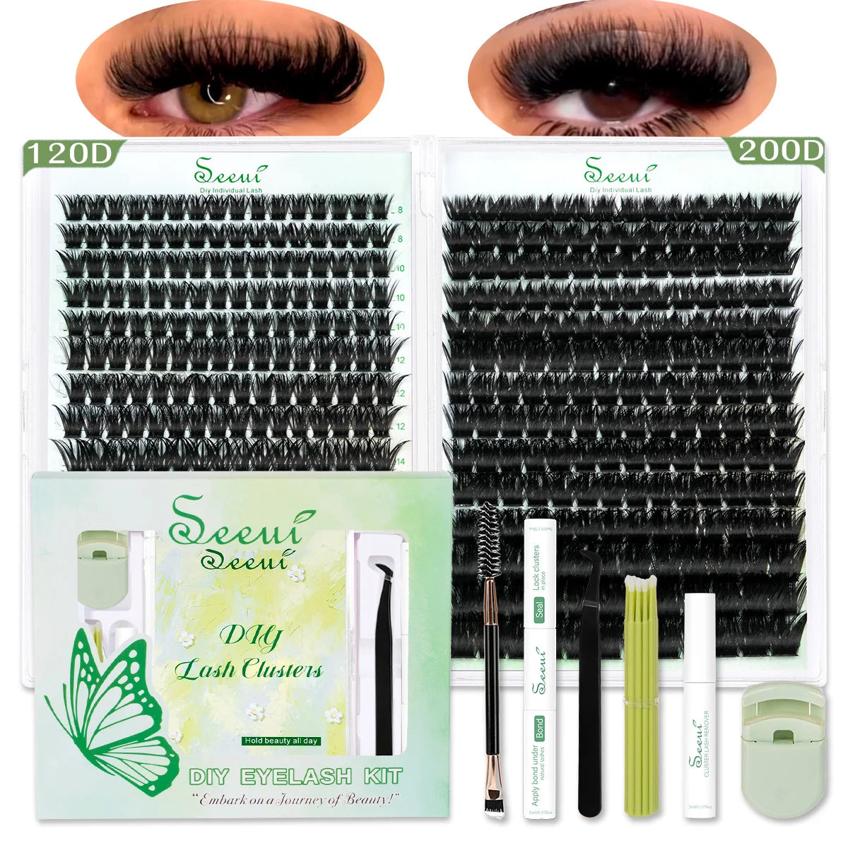 A kit for DIY eyelash clusters featuring false lashes and lash extensions with a natural look.