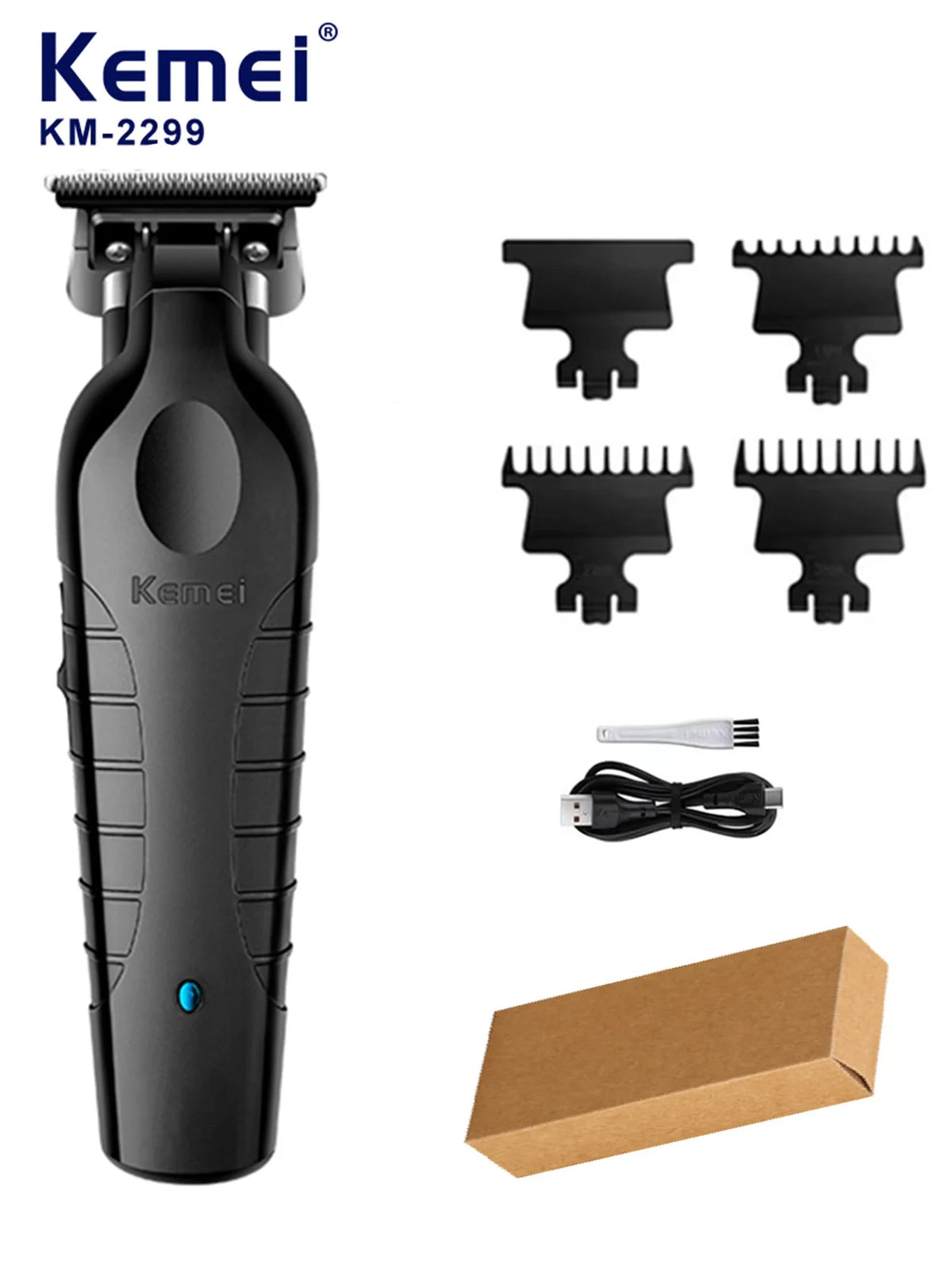 Black Kemei KM-2299 electric hair clippers with multiple cutting combs and a power cord in its box.