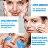 A three-step skincare routine showing a face being cleansed, moisturized, and treated with eye care masks.