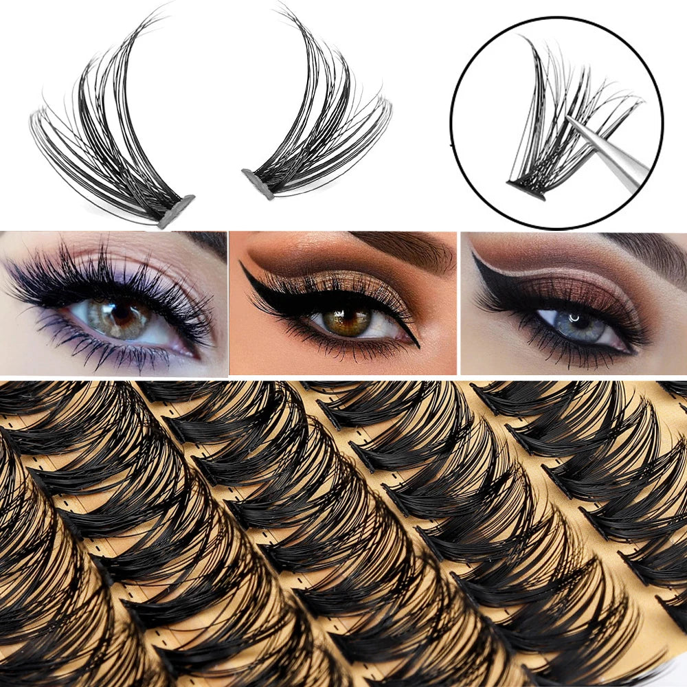 Close-up view of DIY fan-shaped mink cluster lashes in various lengths and styles.