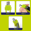 Three steps showing the assembly of a precision electric beard trimmer with green and silver components.