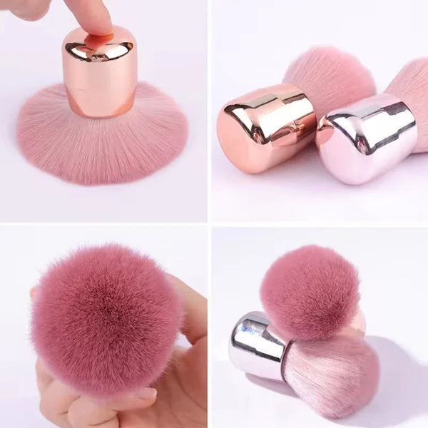 A set of professional nail art mushroom brushes in pink and silver tones shown from various angles.