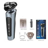 A silver electric shaver with a detachable head and various accessories shown on a white background.