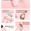 Dispositivo eléctrico de depilación rosa con doble cabezal, papel flotante y protección de cuchilla para piel sensible.
