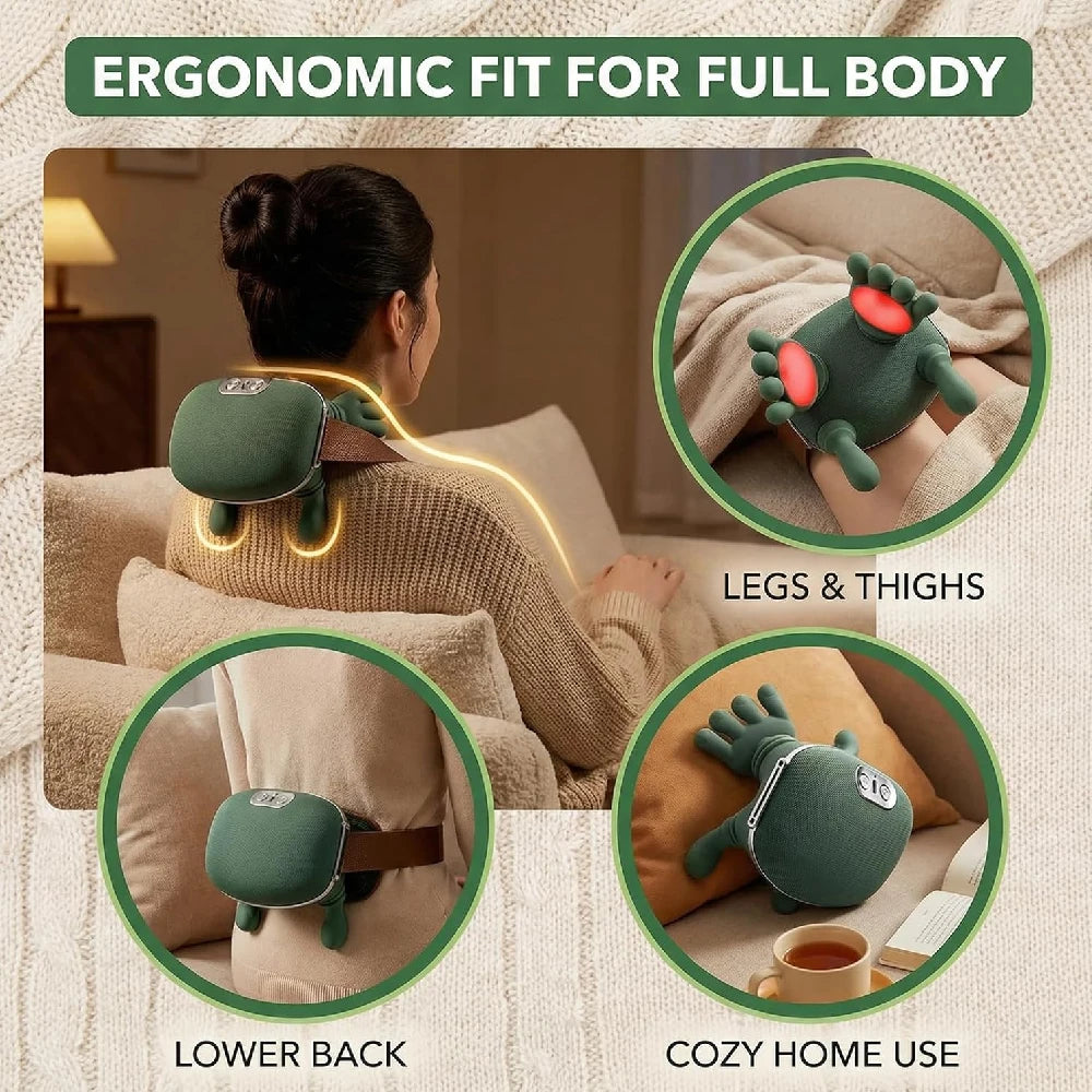 Ergonomische Passform für einen Ganzkörper-Massager, gezeigt bei der Anwendung auf Rücken, Beine und unteren Rücken, zum gemü