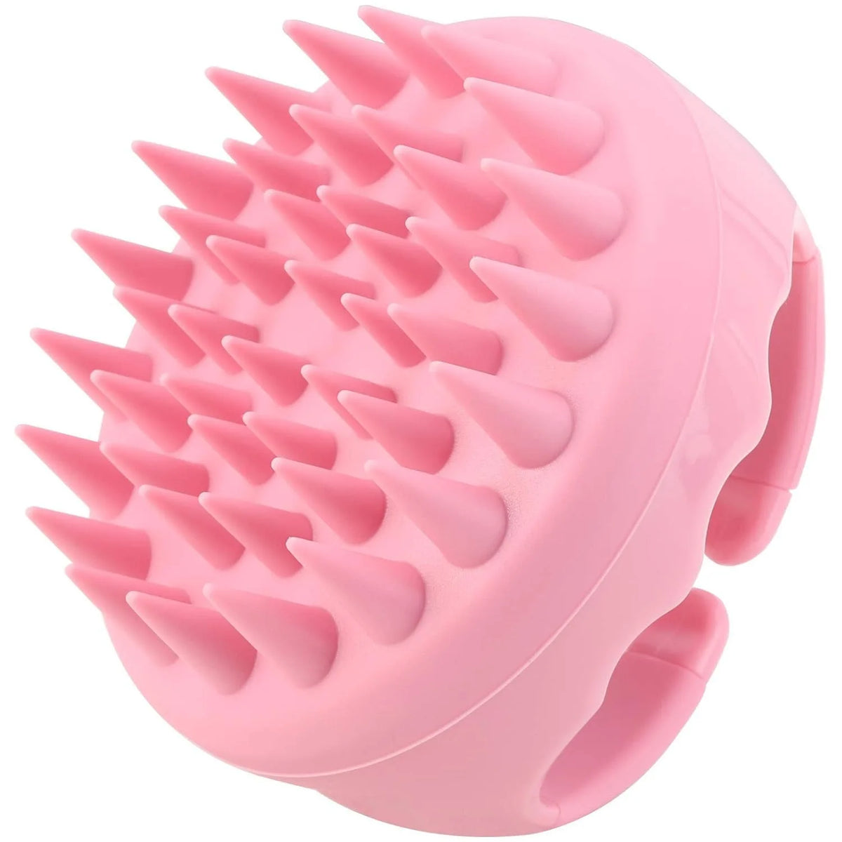 A pink scalp massager shampoo brush with soft silicone bristles shown from above.