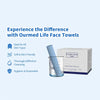 A box of clean skin face towels and a glass bottle of cleansing liquid are shown for skincare.