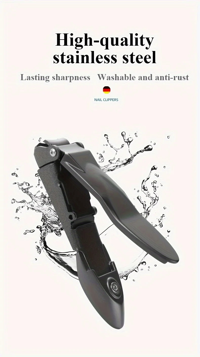 A close-up view of a black heavy duty self-collecting nail clipper with a sharp metal blade, shown against a white background