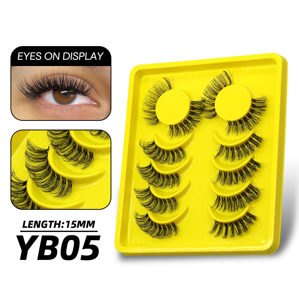 Yellow plastic tray of 10 pair clear band cat eye false eyelashes with 15mm length.