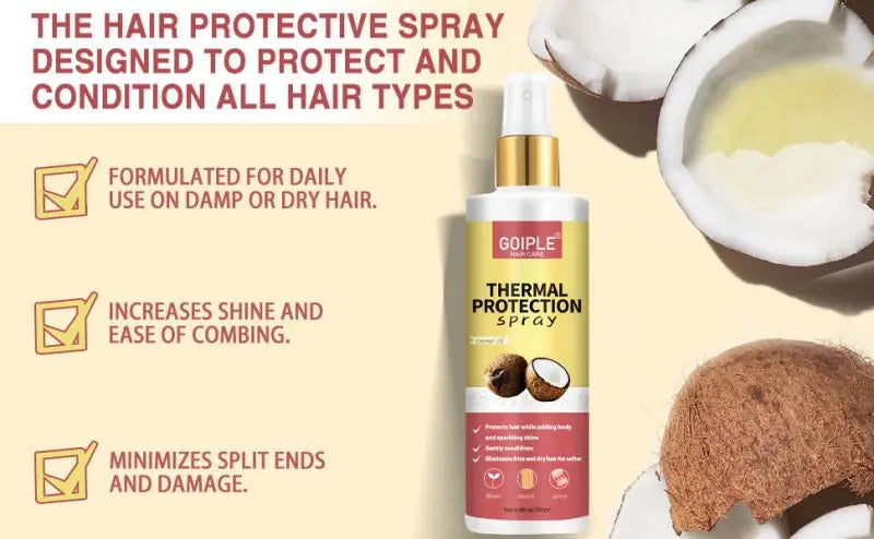 A bottle of Goiple Thermal Protection spray with a white lid and natural ingredients, shown next to coconut halves and a hair