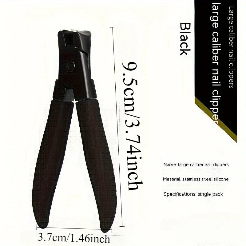 A black large caliber nail clipper is shown with dimensions of 9.5cm/3.74inch and 3.7cm/1.46inch.