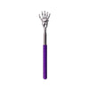 Stainless steel telescoping back massager with a purple handle and hand grips