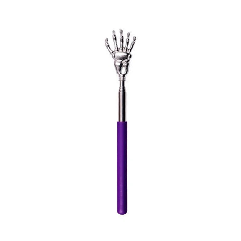 Stainless steel telescoping back massager with a purple handle and hand grips