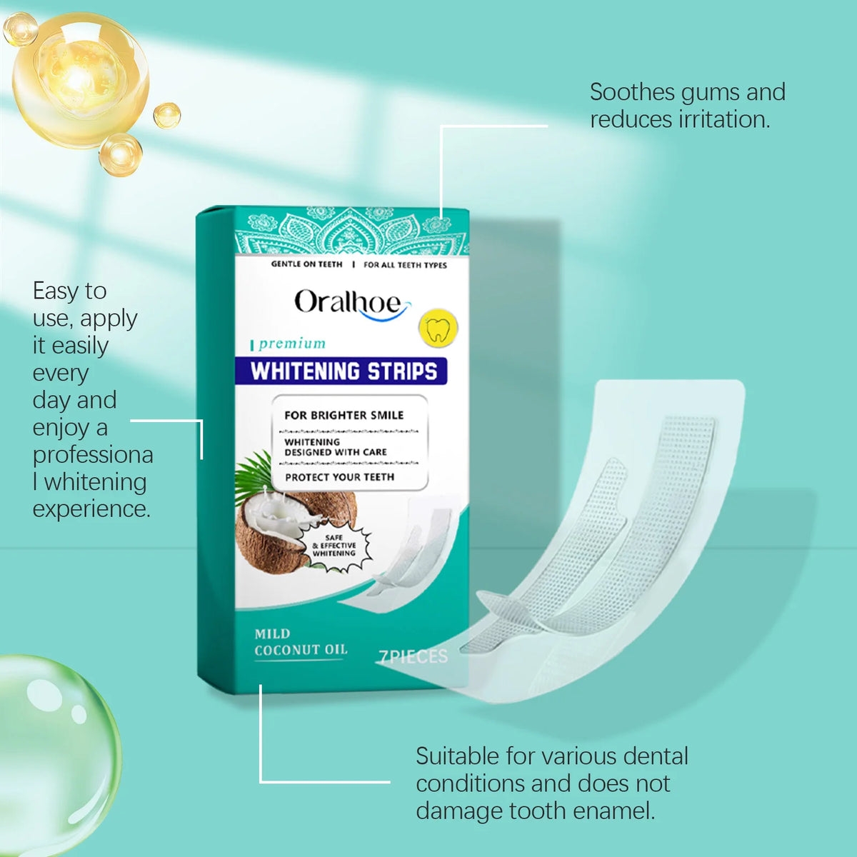 Oralhoo whitening strips product box and a white strip shown next to it.