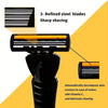 Close-up of a black shaving device showing three refined steel blades and automatic decomposition features.