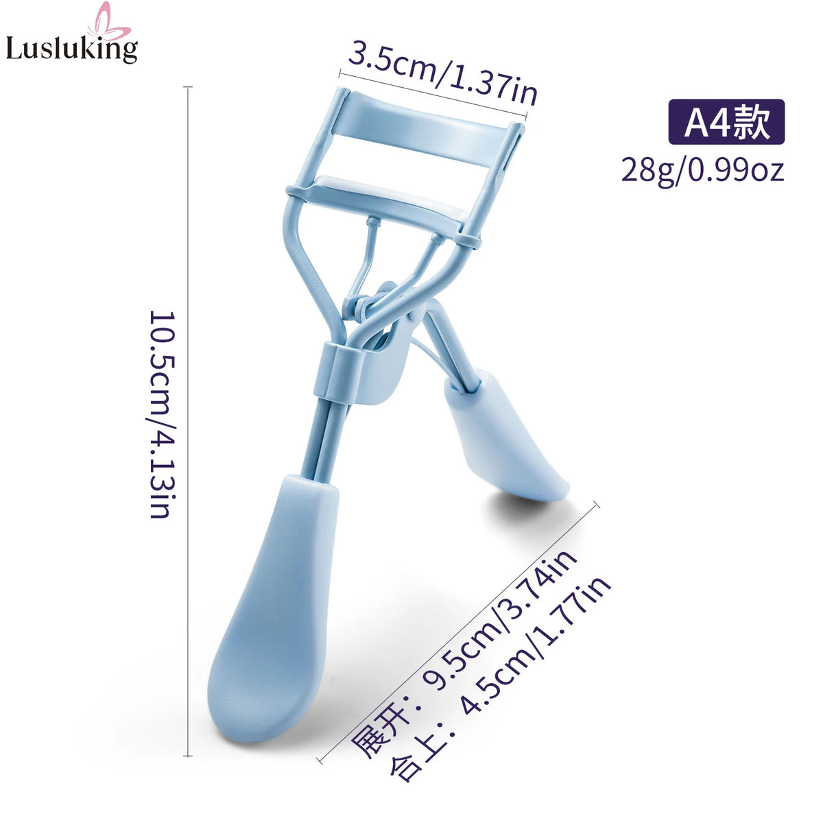 A light blue precision eyelash curler with a long applicator and a short base.