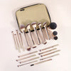 A set of twenty professional makeup brushes with a gold handle and soft bristles displayed next to a black travel case.