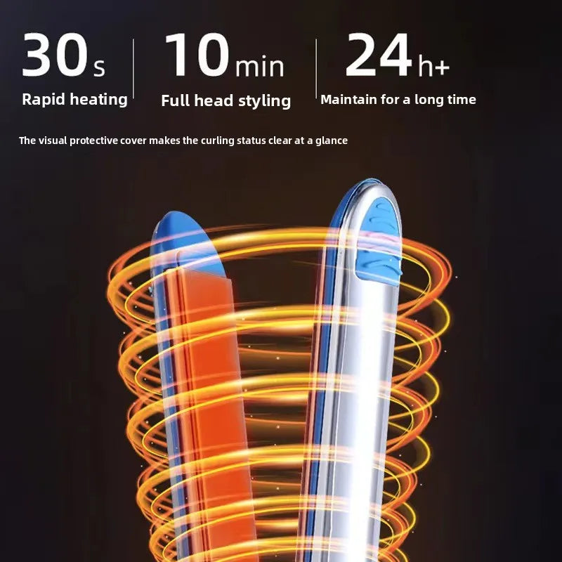 A close-up of a dual purpose hair styling iron with orange and blue accents, showing curling waves.