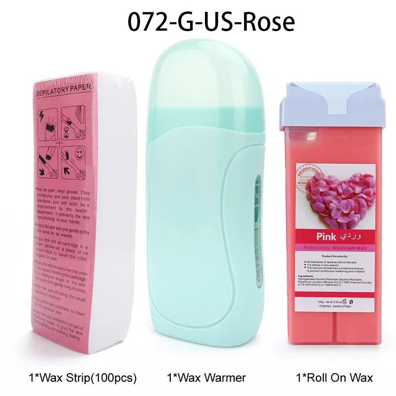 A set of professional depilatory wax products including a wax strip, a wax warmer, and a roll-on wax in pink.