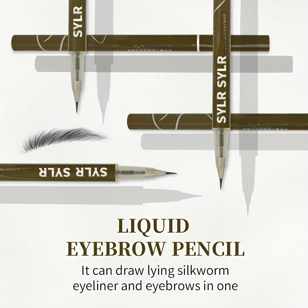 A set of Sylr liquid eyebrow pencils shown with various tips and a brush, demonstrating the product for natural definition.