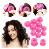 A set of pink heatless silicone curling hair tools shown with various curling styles and a woman using them.