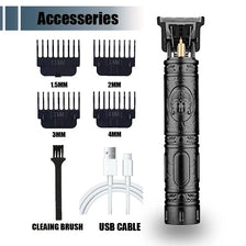 Accesorios para un cortapelos eléctrico de precisión, incluyendo peines de varios tamaños, un cepillo de limpieza y un cable 