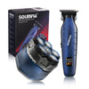 A blue Solimpla rechargeable shaver trimmer and its magnetic charging base are shown on a white background.