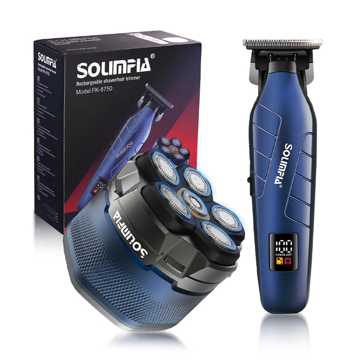 A blue Solimpla rechargeable shaver trimmer and its magnetic charging base are shown on a white background.