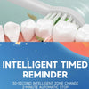 A white toothbrush is shown with multiple replacement heads, demonstrating an intelligent timed reminder feature.