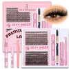 A pink and black DIY eyelash set featuring various lash clusters, tweezers, and applicators for realistic lashes.