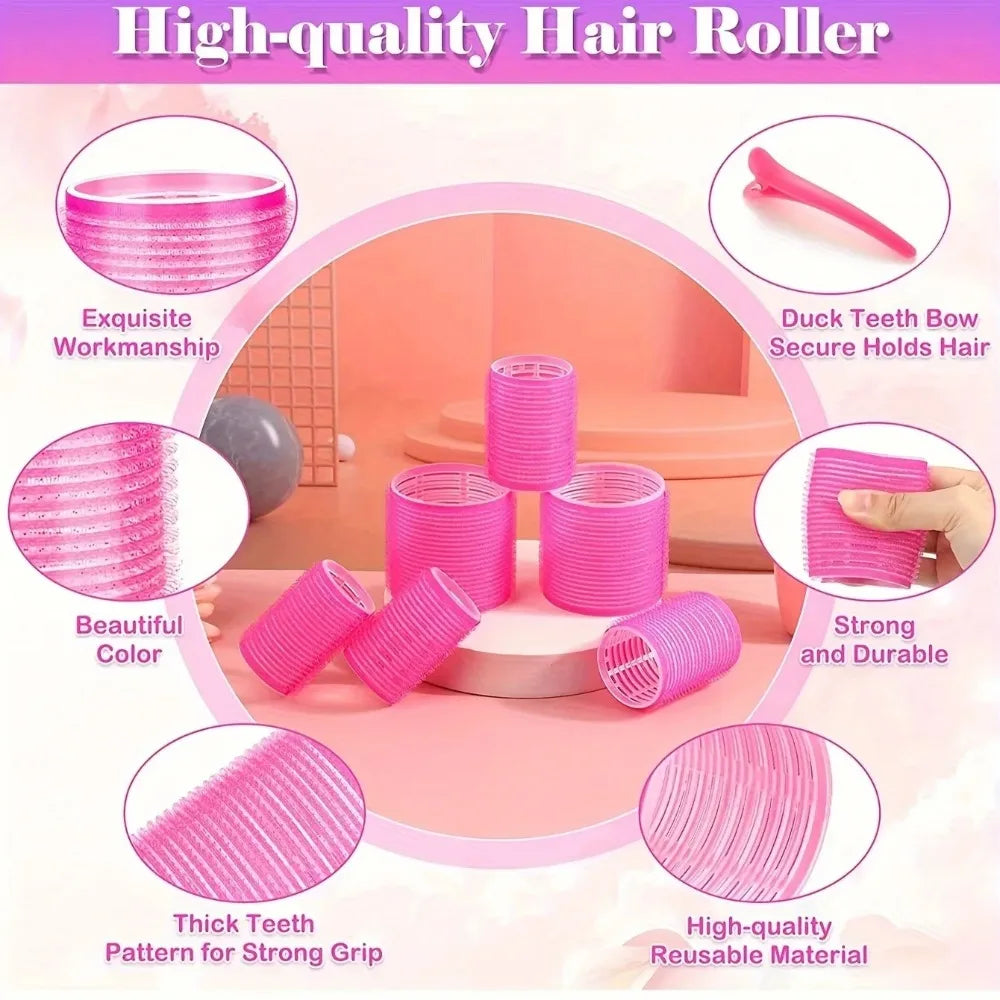 A set of pink heatless hair rollers showing various sizes and textures for styling hair.