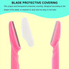 Three pink razor blades with transparent protective coverings shown side by side