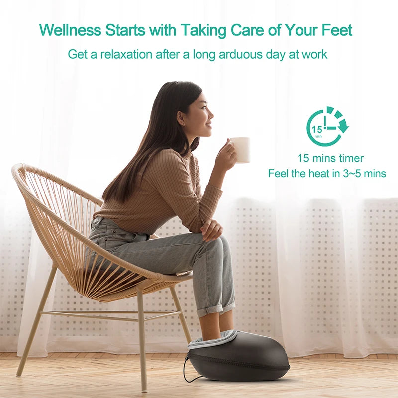 A woman sits in a wicker chair using a shiatsu foot massager with a heat roller for muscle relaxation.
