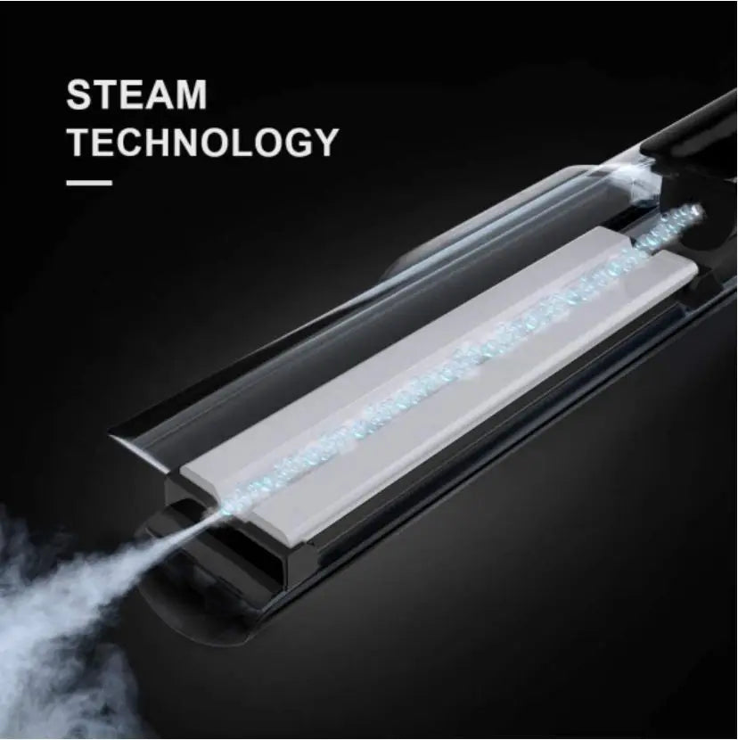 A close-up view of a professional steam hair straightener demonstrating steam technology.