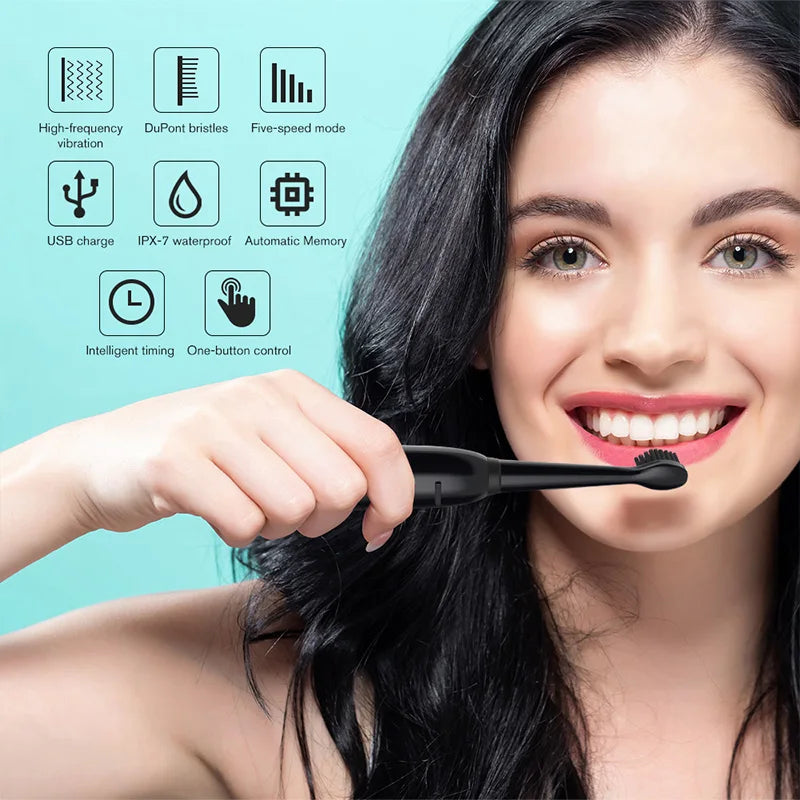 A woman is using an ultrasonic electric toothbrush on her teeth, demonstrating its features.