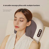 A woman is using a versatile massage pillow for kneading and pressing, demonstrating its use for muscle relief.