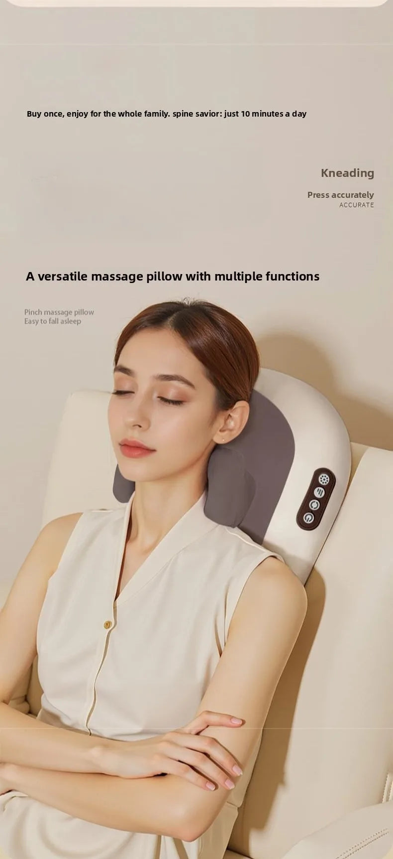 A woman is using a versatile massage pillow for kneading and pressing, demonstrating its use for muscle relief.