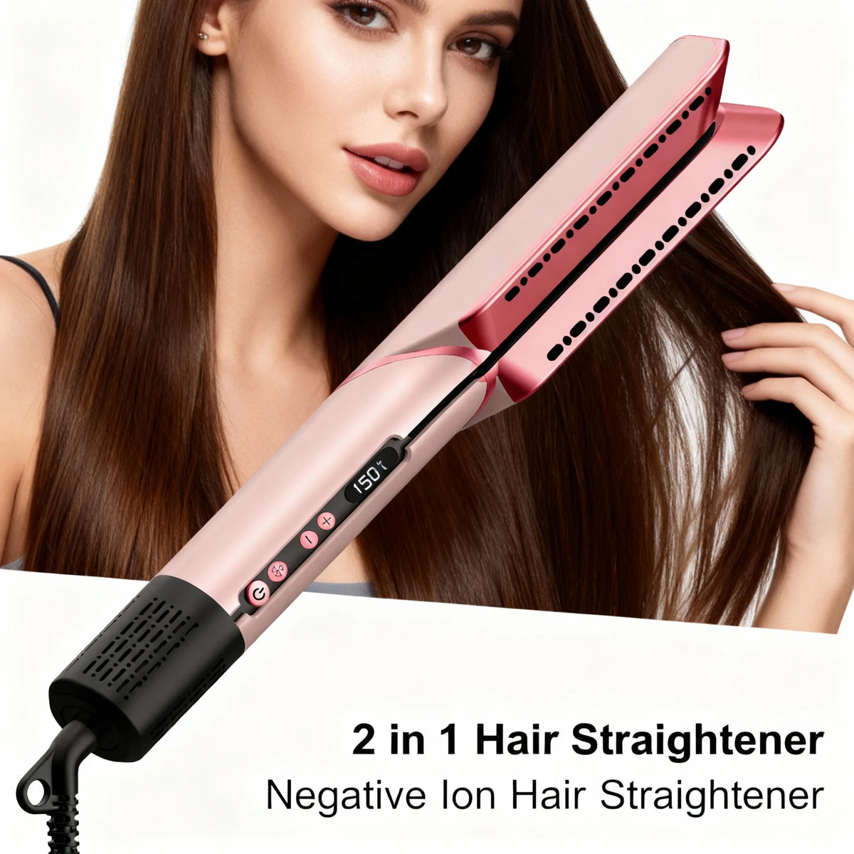 Primer plano de un secador y plancha de pelo rosa 2 en 1 aplicándose sobre cabello oscuro.