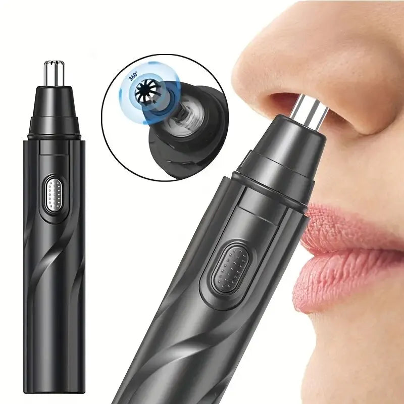A close-up of an electric nose hair trimmer being used on a person's nose.