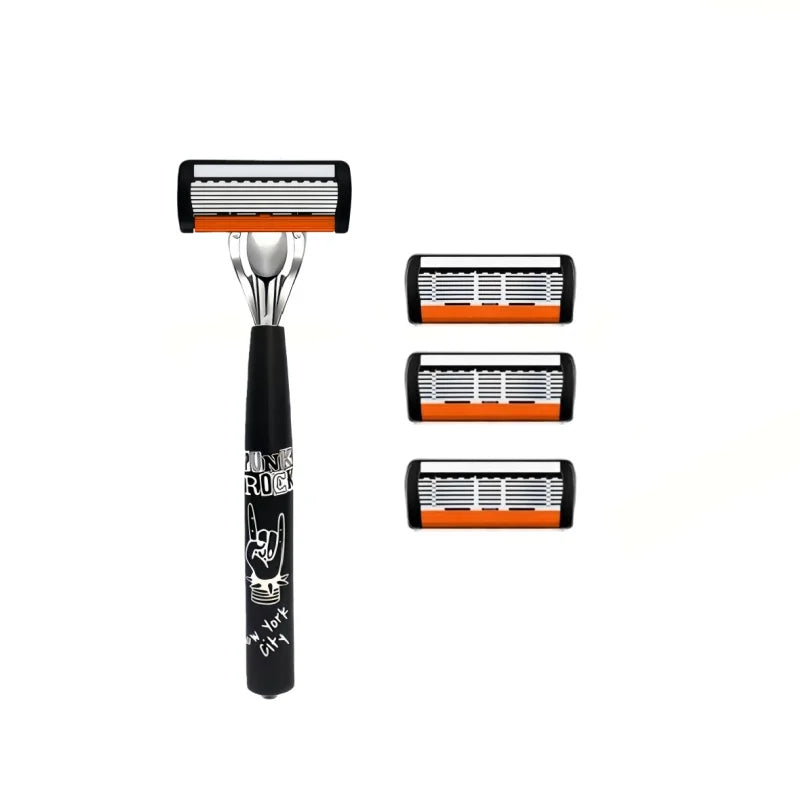 Rasoir manuel noir avec manche orange et plusieurs têtes de rasage.