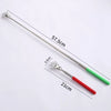 A telescoping stainless steel back massager with a green handle and red grip, showing its length measurements.